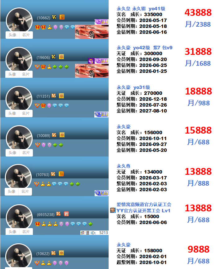 26年1月更新yy号码权杖v8靓号会员9级